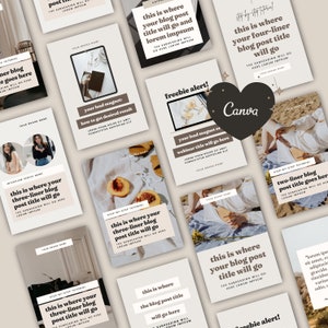 Può includere: Una raccolta di modelli Canva con una palette di colori neutri. I modelli presentano sovrapposizioni di testo con frasi come "il tuo lead magnet" e "avviso omaggio!" e includono immagini di pesche e foto di lifestyle. Il logo Canva è visibile.