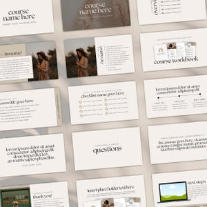 May include: A collection of beige and white presentation slides with text. The slides feature headings like "Course Name Here," "Lesson Title Goes Here," and "Frequently Asked Questions." Some slides include images of a person in a field.