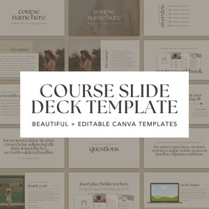 Puede incluir: Una plantilla de diapositivas de curso con un esquema de color beige y marrón. La plantilla incluye diapositivas para una descripción general, preguntas frecuentes, los próximos pasos y una diapositiva de cierre. El texto "COURSE SLIDE DECK TEMPLATE" se muestra en una fuente grande y en negrita.