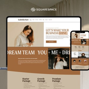 May include: A website screenshot showing a business website with the text "Let's make your business shine." and "Dream Team You + Me = Dream". The website is designed in a brown and white colour scheme and features images of a woman in a white sweater and a woman in a brown hat.