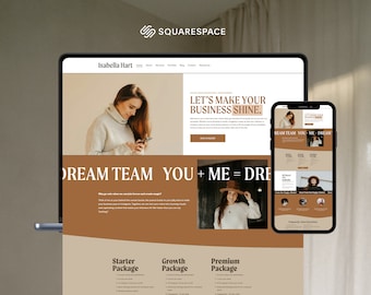 May include: A website screenshot showing a business website with the text "Let's make your business shine." and "Dream Team You + Me = Dream". The website is designed in a brown and white color scheme and features images of a woman in a white sweater and a woman in a brown hat.