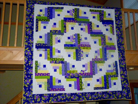Brilliant Purple Yellow Green Curved Log Cabin Quilt Queen Etsy