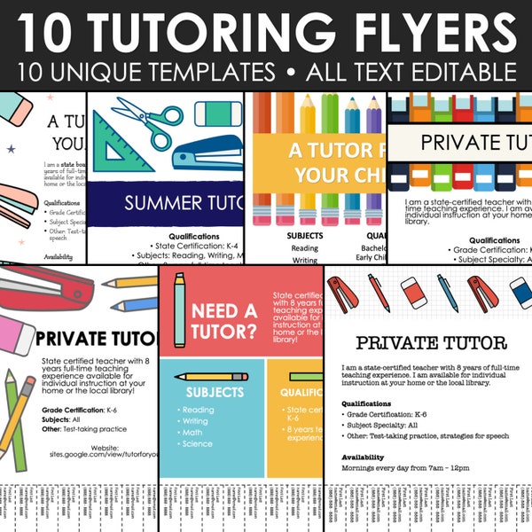 Modèles de flyers de tutorat - 10 affiches numériques (A)