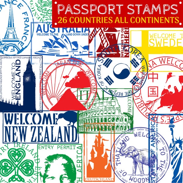 Paspoortzegels - Landen over de hele wereld illustraties
