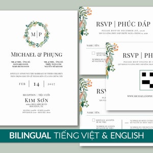 Vietnamese Wedding Invitation Template DIY Bilingual English Digital Editable RSVP 05 - Wreath Flowers