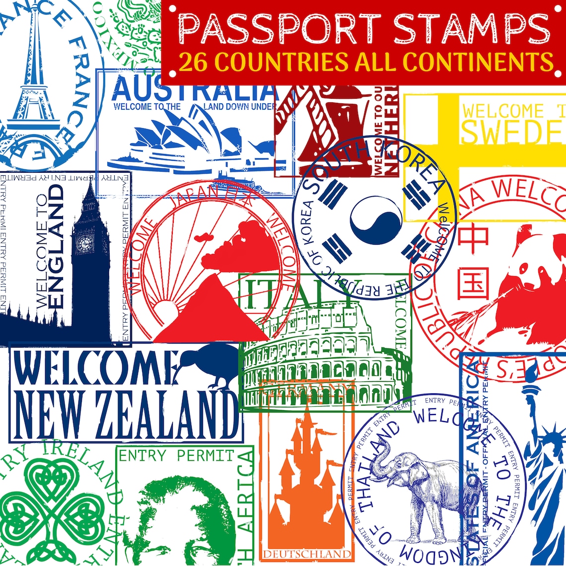 Passport Stamps Countries Around the World Clip Art Etsy