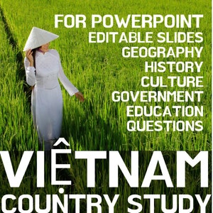 Puede incluir: Una plantilla de presentación de PowerPoint para un estudio de país sobre Vietnam. La plantilla incluye diapositivas editables sobre geografía, historia, cultura, gobierno, educación y preguntas. La imagen muestra a una mujer con un sombrero cónico vietnamita tradicional de pie en un campo de arroz.