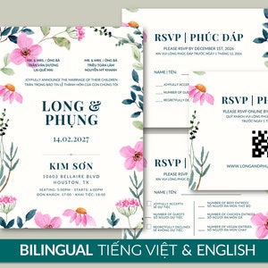 Vietnamese Wedding Invitation Template DIY Bilingual English Digital Editable RSVP 03 - Floral Greenery