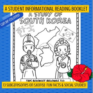 Könnte beinhalten: Eine Schwarzweiß-Malvorlage mit einer Karte von Südkorea, zwei Comicfiguren in traditioneller koreanischer Kleidung und dem Text "A Study of South Korea". Die Seite trägt den Titel "A Student Informational Reading Booklet" und enthält den Text "Can be colored!" und "This booklet belongs to:".