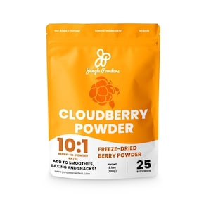 May include: A bright orange pouch of freeze-dried cloudberry powder. The pouch features the text "Jungle Powders" and "Cloudberry Powder" in black. The pouch also states "10:1 Berry-to-Powder Ratio" and "Freeze-Dried Berry Powder". The pouch contains 25 servings and weighs 3.5 ounces (100 grams).