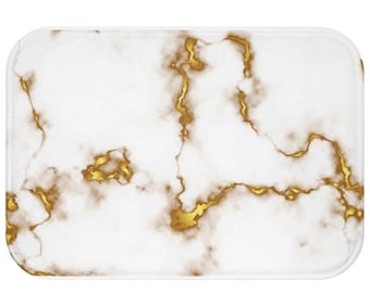 Gold Marble Bath Mat - Dark Stone Bathroom Rug - Minimal Memory Foam Shower Carpet Decor