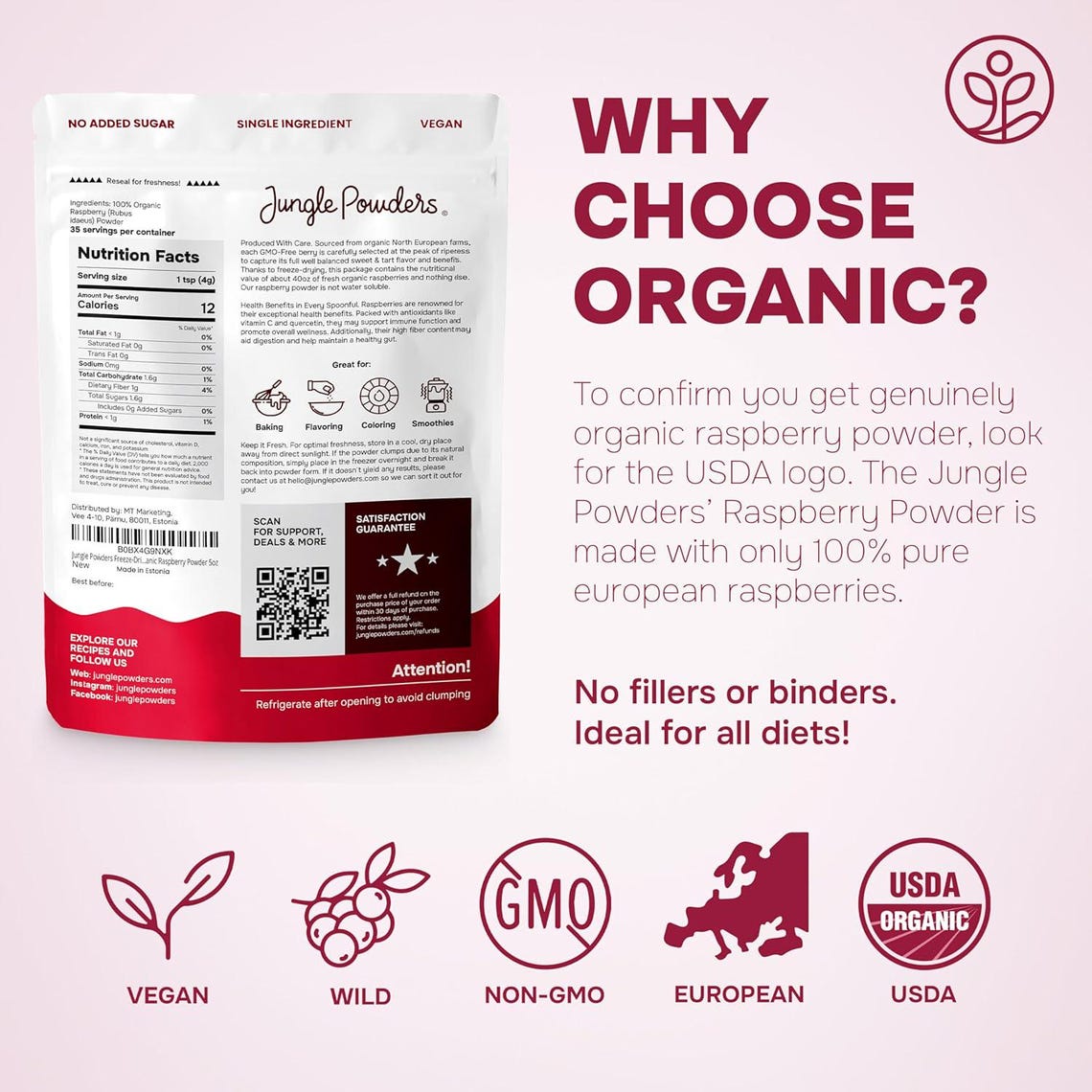 Jungle Powders Organic Raspberry Powder 5 Ounces USDA Organic Freeze ...