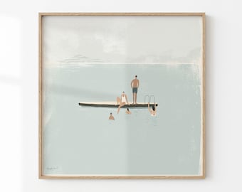 Schwimmer Minimalistisches Kunstwerk Schwimmbad Kunst Blau Ästhetisches Plakat Sommer Kunstdruck Deco Stil Badezimmer Dekor Quadratische Wandkunst
