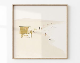 Puede incluir: Una ilustración digital de una escena de playa con una caseta de salvavidas, personas caminando por la arena y olas rompiendo en la orilla. Los colores son apagados y el estilo general es minimalista.