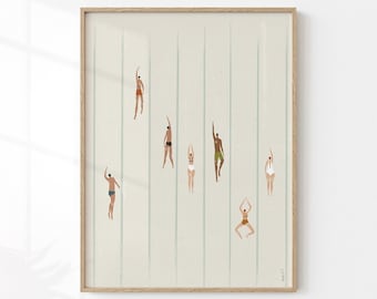 Oeuvre d'art minimaliste de nageurs, art de la piscine, affiche esthétique bleue, impression d'art d'été, style déco, décoration de salle de bain, affiche de natation