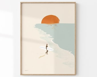 Surf And Sunset Print Beach Wall Art Surf Art Poster Surf Inspired Artwork Surfboard Picture Poster Of A Surfer Retro Surfing Art Print