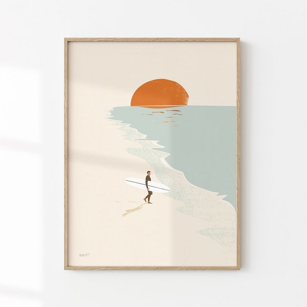 Surf en zonsondergang print strand kunst aan de muur surf art poster surf geïnspireerd artwork surfplank foto poster van een surfer retro surfkunst print