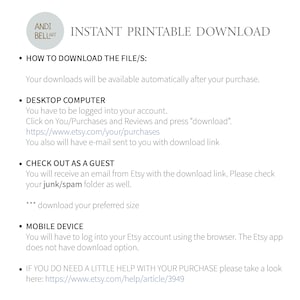 May include: Instructions on how to download a printable file after purchase. The instructions include information for desktop computers, guest checkout, and mobile devices. The text includes a link to Etsy's help page.