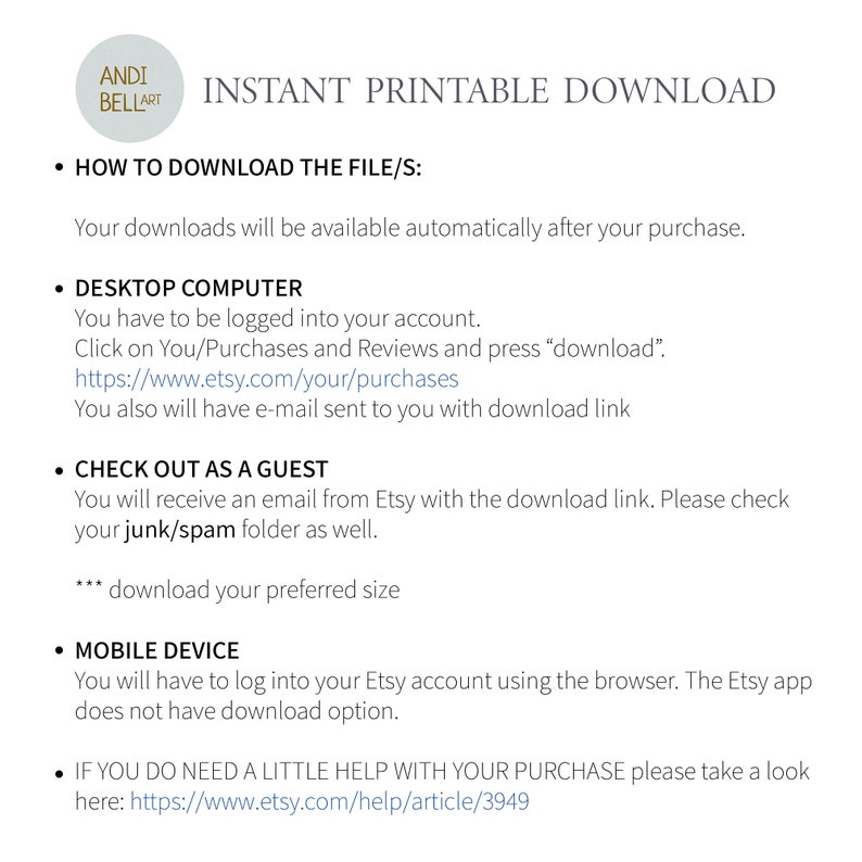 May include: Instructions on how to download a printable file after purchase. The instructions include information for desktop computers, guest checkout, and mobile devices. The text includes a link to Etsy's help page.