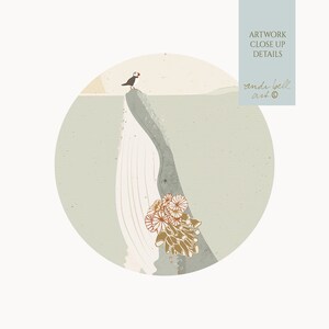May include: A whimsical illustration of a whale breaching the surface of the water with a puffin perched on its back. The whale is depicted in shades of grey and white, with coral and other sea life surrounding it. The background is a soft green colour.
