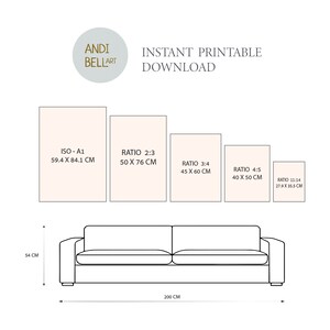 May include: A diagram showing different print sizes for artwork, with measurements in centimetres. The sizes are ISO - A1 (59.4 x 84.1 cm), Ratio 2:3 (50 x 76 cm), Ratio 3:4 (45 x 60 cm), Ratio 4:5 (40 x 50 cm), and Ratio 11:14 (27.9 x 35.5 cm). The diagram also shows a sofa with dimensions of 54 cm high and 200 cm wide.