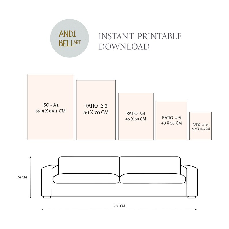 May include: A diagram showing different print sizes for artwork, with measurements in centimetres. The sizes are ISO - A1 (59.4 x 84.1 cm), Ratio 2:3 (50 x 76 cm), Ratio 3:4 (45 x 60 cm), Ratio 4:5 (40 x 50 cm), and Ratio 11:14 (27.9 x 35.5 cm). The diagram also shows a sofa with dimensions of 54 cm high and 200 cm wide.