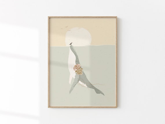 The Blue Whale And The Puffin Print I Kids Bathroom Art I Minimalist Prints I College Dorm Art I Instant Download I Swimmers Art