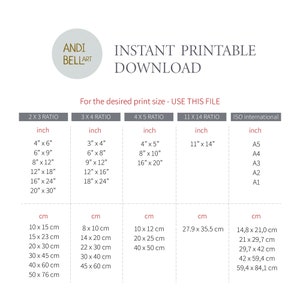 May include: A chart showing different print sizes in inches and centimetres for instant printable downloads. The chart includes 2x3, 3x4, 4x5, 11x14 ratios and ISO international sizes.