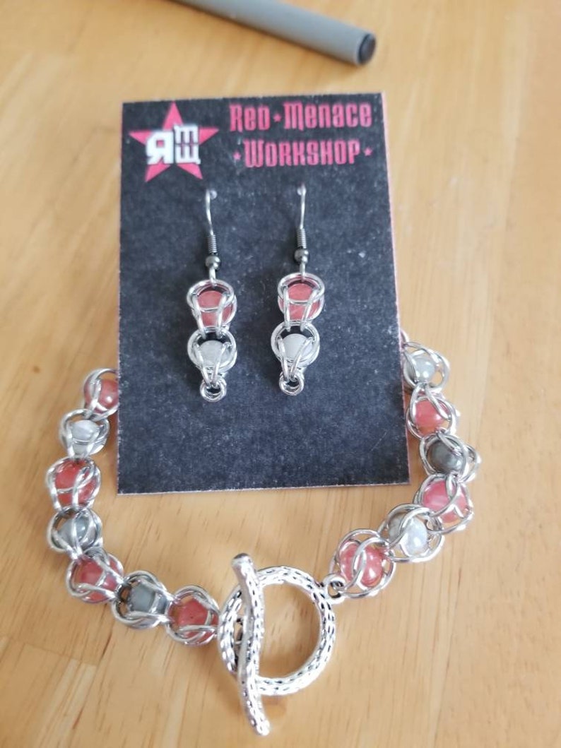 Pink and Gray bead capture bracelet /& earrings