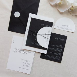 Carte d'invitation de mariage noir et blanc, faire-part de mariage, invitation moderne, invitation personnalisée, cachet de cire, minimaliste image 1