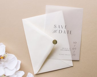 Save the Date Wedding Tracing Paper | Minimalist, classy | customizable | modern calligraphy | with envelope + golden sticker