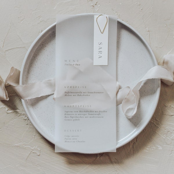 Menü Hochzeit | Transparentpapier | mit goldene Klammer | personalisierbar | minimalistisch modern clean | mit Namensschild
