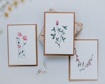 Cartes en papier de graines avec fleurs sauvages et illustrations à l'aquarelle - avec enveloppe en papier kraft - papier écologique - taille environ DIN A6 - à planter