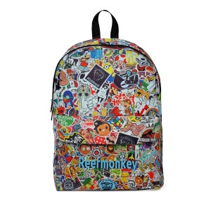 May include: A white backpack covered in colourful cartoon and graphic stickers. The backpack has a black zipper and black straps. The text "Reefmonkey" is printed in blue on the front of the backpack.