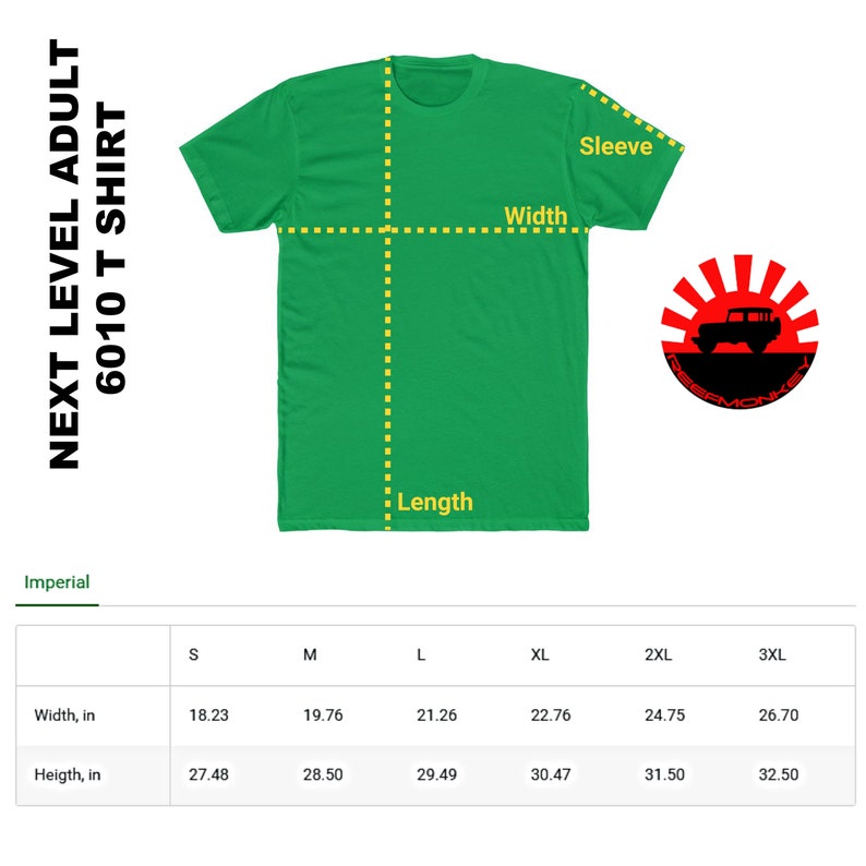 K&ouml;nnte beinhalten: Ein gr&uuml;nes T-Shirt mit einer Gr&ouml;&szlig;entabelle, die die Ma&szlig;e f&uuml;r Breite, L&auml;nge und &Auml;rmel in Zoll angibt. Die Tabelle umfasst die Gr&ouml;&szlig;en S, M, L, XL, 2XL und 3XL.