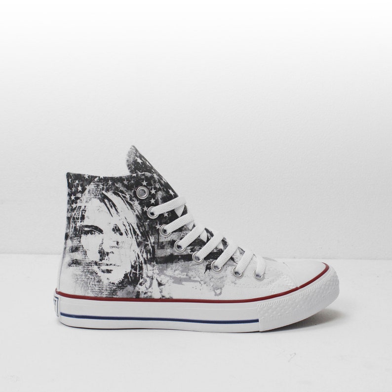 Kurt Cobain with American Flag Custom High Top Sneakers based on PROSPECT AVENUE White