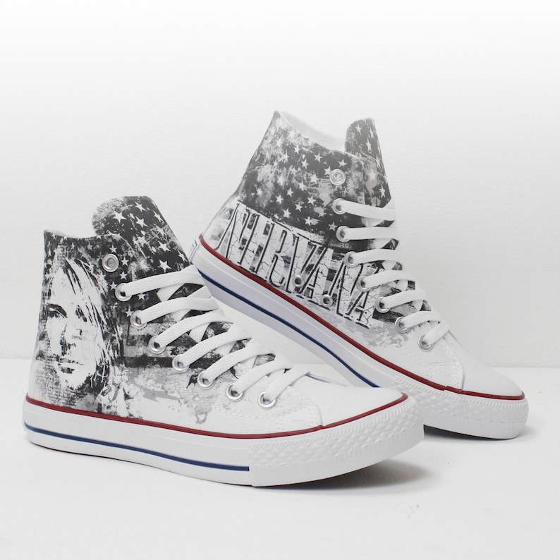 Kurt Cobain with American Flag Custom High Top Sneakers based on PROSPECT AVENUE White