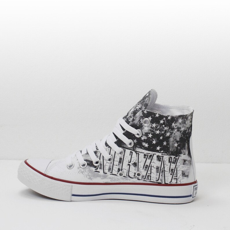 Kurt Cobain with American Flag Custom High Top Sneakers based on PROSPECT AVENUE White