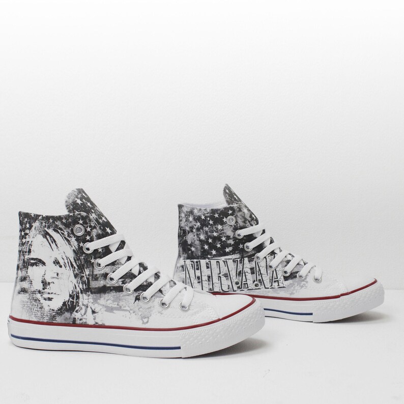 Kurt Cobain with American Flag Custom High Top Sneakers based on PROSPECT AVENUE White