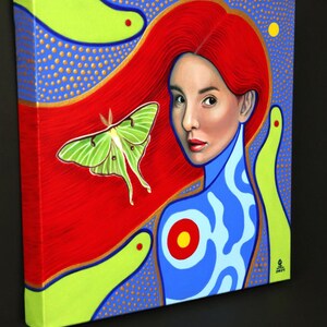 Original handmålad, akryl på duk, kvinnligt porträtt, Luna Moth, väggkonst, surrealism, "Lunar" bild 2