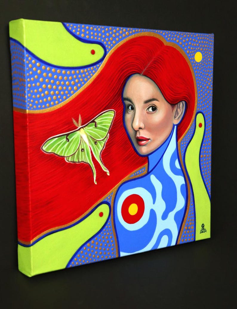 Original handmålad, akryl på duk, kvinnligt porträtt, Luna Moth, väggkonst, surrealism, "Lunar" bild 2