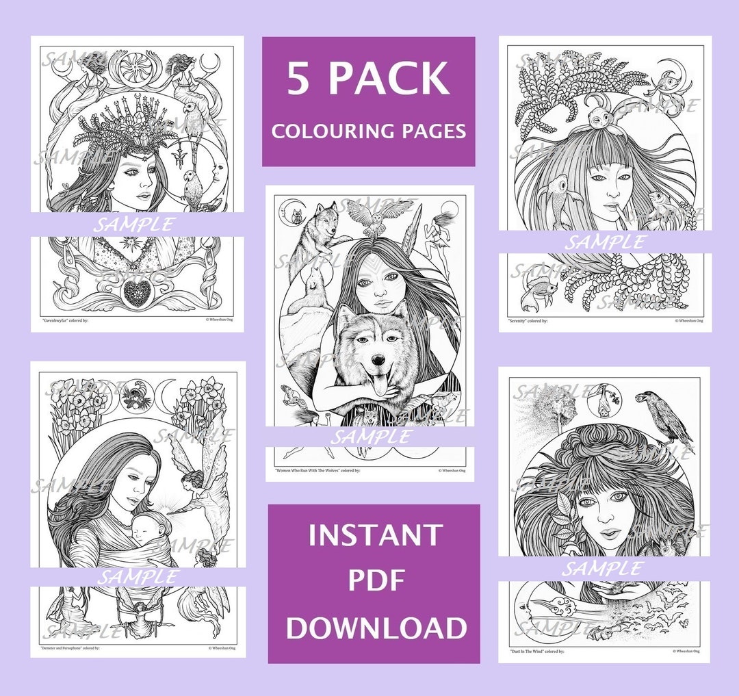 5 Pack PDF Instant Download Colouring Pages Feminine Moon - Etsy