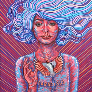 Original Hand Painted, Acrylic on Canvas, Female Portrait, Bird-of-paradise, Impasto Texture, Wall Art, Surrealism, "Forget Me Not"