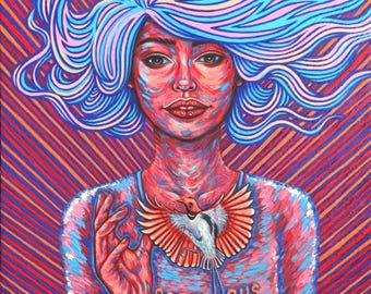 Original Hand Painted, Acrylic on Canvas, Female Portrait, Bird-of-paradise, Impasto Texture, Wall Art, Surrealism, "Forget Me Not"