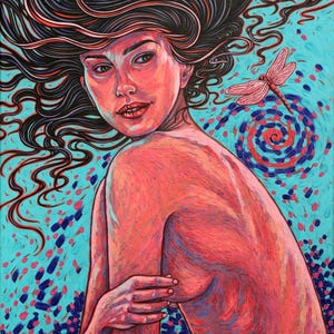 Origineel handgeschilderd, acryl op canvas, vrouwelijk portret, libel, Impasto-textuur, kunst aan de muur, surrealisme, "Whispers of the Wind"