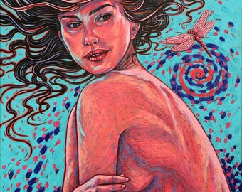 Original Hand Painted, Acrylic on Canvas, Female Portrait, Dragonfly, Impasto Texture, Wall Art, Surrealism, "Whispers of the Wind"