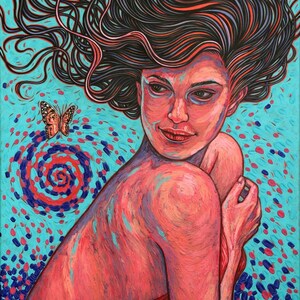Origineel handgeschilderd, acryl op canvas, vrouwelijk portret, vlinder, textuur impasto, muurkunst, surrealisme, "I Sense Your Presence"