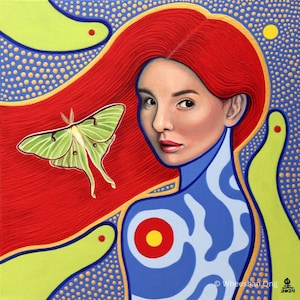 Original handmålad, akryl på duk, kvinnligt porträtt, Luna Moth, väggkonst, surrealism, "Lunar" bild 1