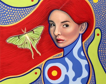 Original Hand Painted, Acrylic on Canvas, Female Portrait, Luna Moth, Wall Art, Surrealism, "Lunar"