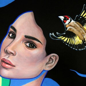 May include: A painting featuring a portrait of a person with dark hair against a black background, accompanied by a flying goldfinch with yellow and black wings, a red face, and a white beak, accented by abstract blue and green shapes.
